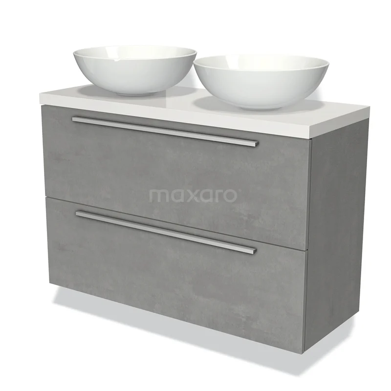 Grijze badkamermeubelset met dubbele witte waskom, strakke look en handgrepen, ideaal voor moderne badkamerstijl.