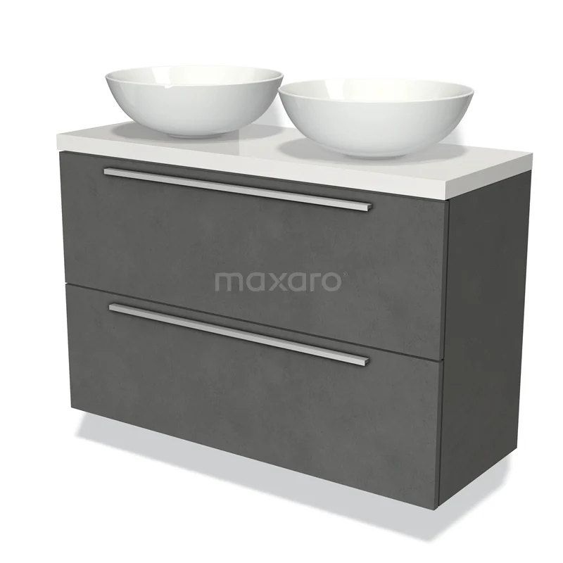 Grijze badkamermeubelset met dubbele waskom, modern design, mat oppervlak en ruime opberglades voor een stijlvolle badkamer.