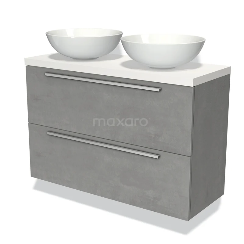 Grijs badkamermeubel met betoneffect, twee witte waskommen en twee lades. Modern design, ideaal voor een stijlvolle badkamer.
