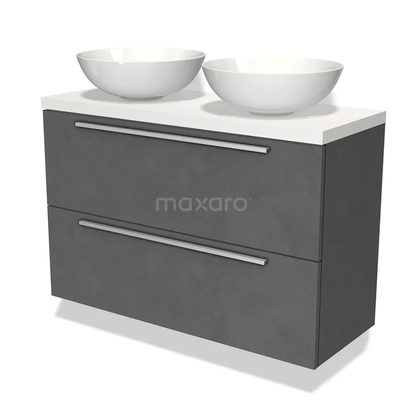 Grijze badkamermeubelset met dubbele witte waskommen, strak design en handgrepen, ideaal voor moderne badkamers.