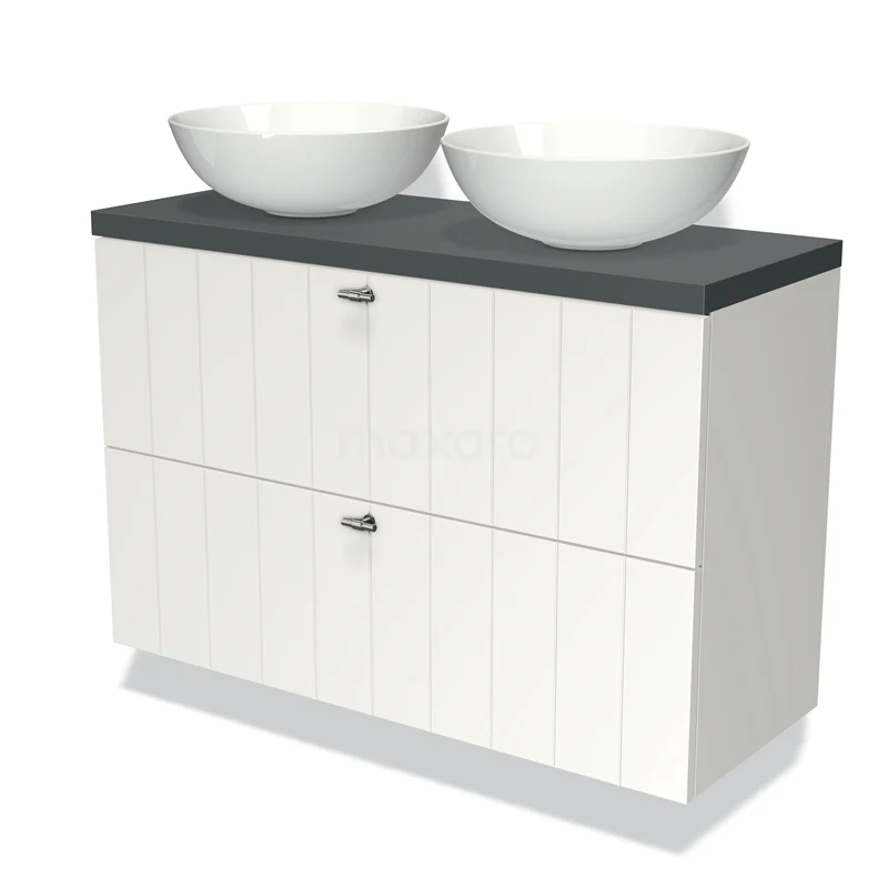 Badmöbel mit Konsole 100cm Modulo Plato Slim Matt Weiß 2 Schubladen Laminat BMK37-01535 Weiße Doppelwaschbeckenmöbel mit schwarzer Steinplatte, zwei ovale Aufsatzwaschbecken und modernen horizontalen Paneelen für das Badezimmer.