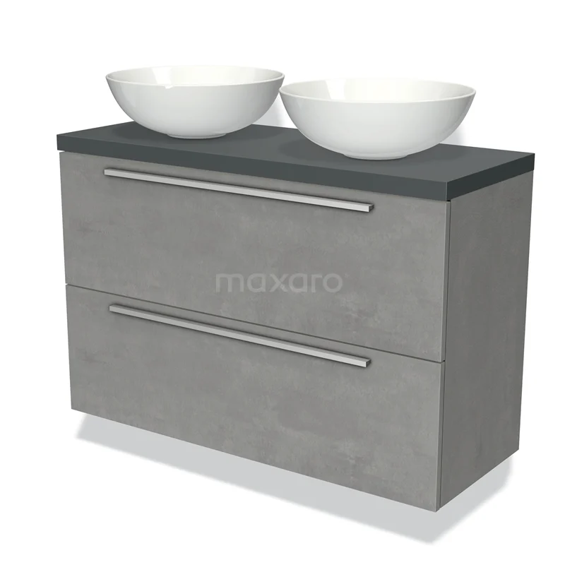 Grijze badkamermeubelset met twee witte waskommen, ruime lades en een donkere betonnen look voor moderne badkamers.