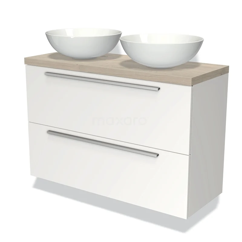 Badmöbel mit Konsole 100cm Modulo Plato Slim Matt Weiß 2 Schubladen Flach BMK37-01622 Weißes Badezimmermöbel mit doppelten runden Aufsatzwaschbecken, Holzplatte und zwei Schubladen für stilvollen Stauraum im Badezimmer.