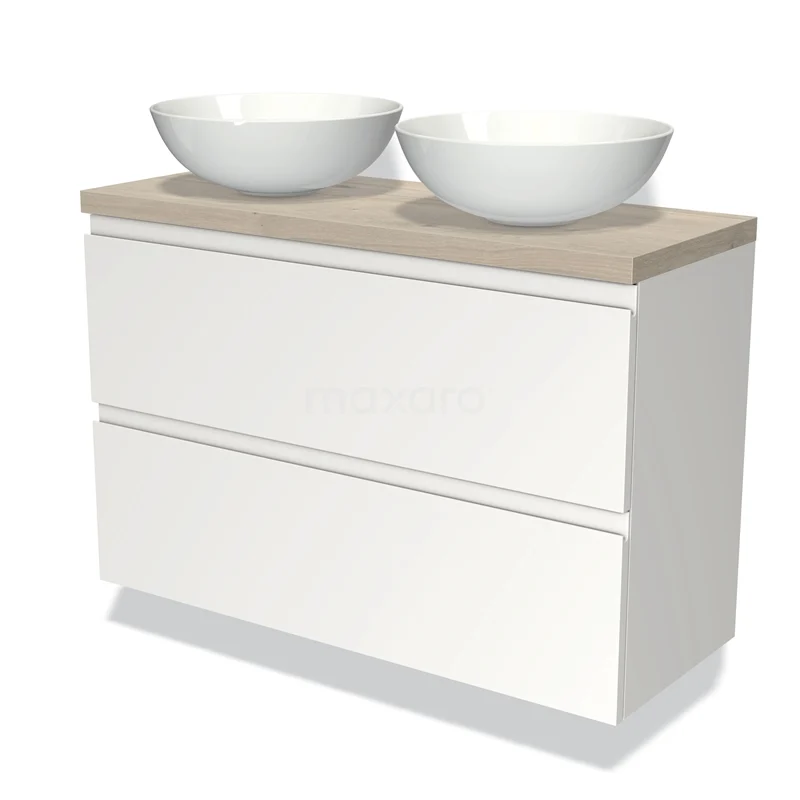 Waschtischunterschrank mit Konsole 100cm Modulo Plato Slim Matt Weiß 2 Schubladen Grifflos BMK37-01624 Weißes Badmöbel mit Holzplatte, zwei runden Waschbecken und Soft-Close-Schubladen, modernes Design für stilvolle Bäder.