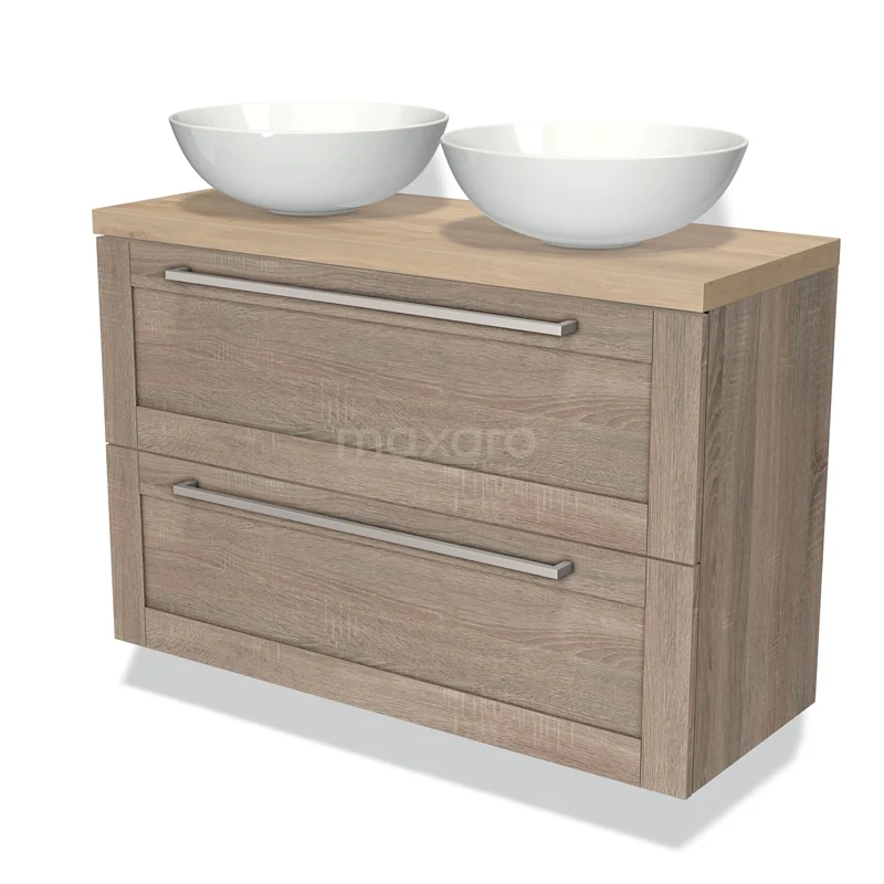 Modulo Plato Slim Vanity units for countertop basin | 100 cm Oak Frame front Light brown oak worktop 2 Stacked drawers BMK37-01662