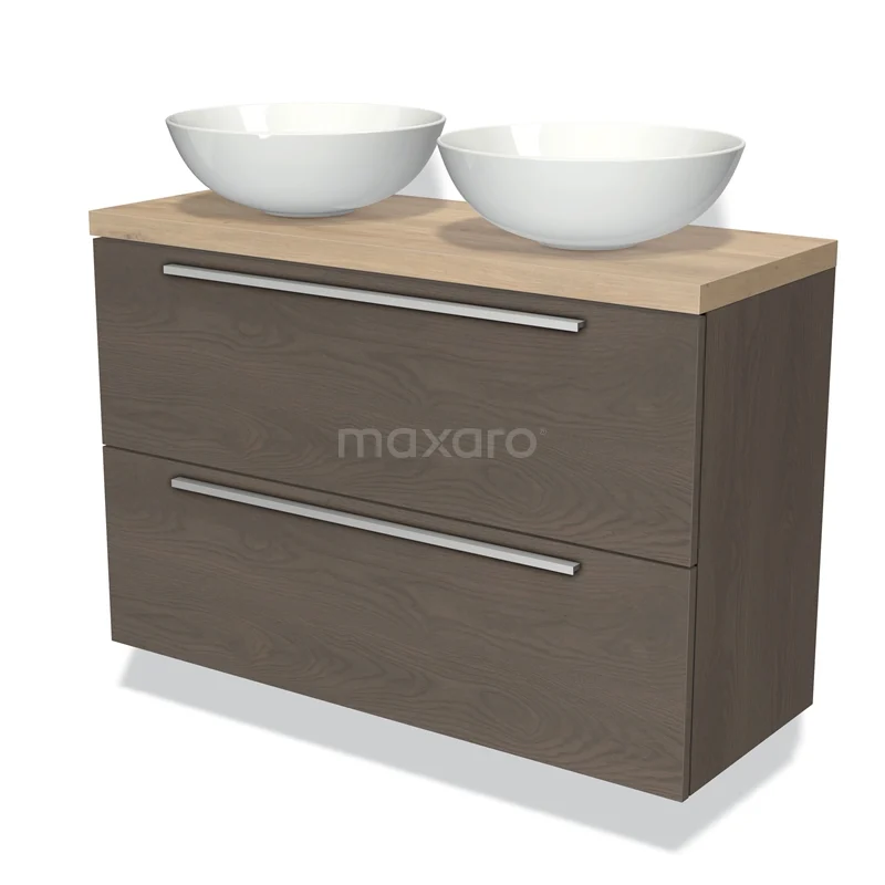 Waschtischunterschrank mit Konsole 100cm Modulo Plato Slim dunkelbraune Eiche 2 Schubladen Flach BMK37-01667 Holz Badezimmermöbel mit zwei weißen Aufsatzwaschbecken, modernes Design, Schubladengriffe und subtile Holzmaserungsdetails.