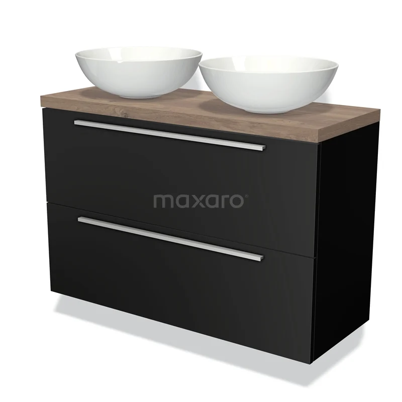 Black bathroom unit with wood-look worktop, two white drawers and soft-close drawers, ideal for modern bathroom design.
