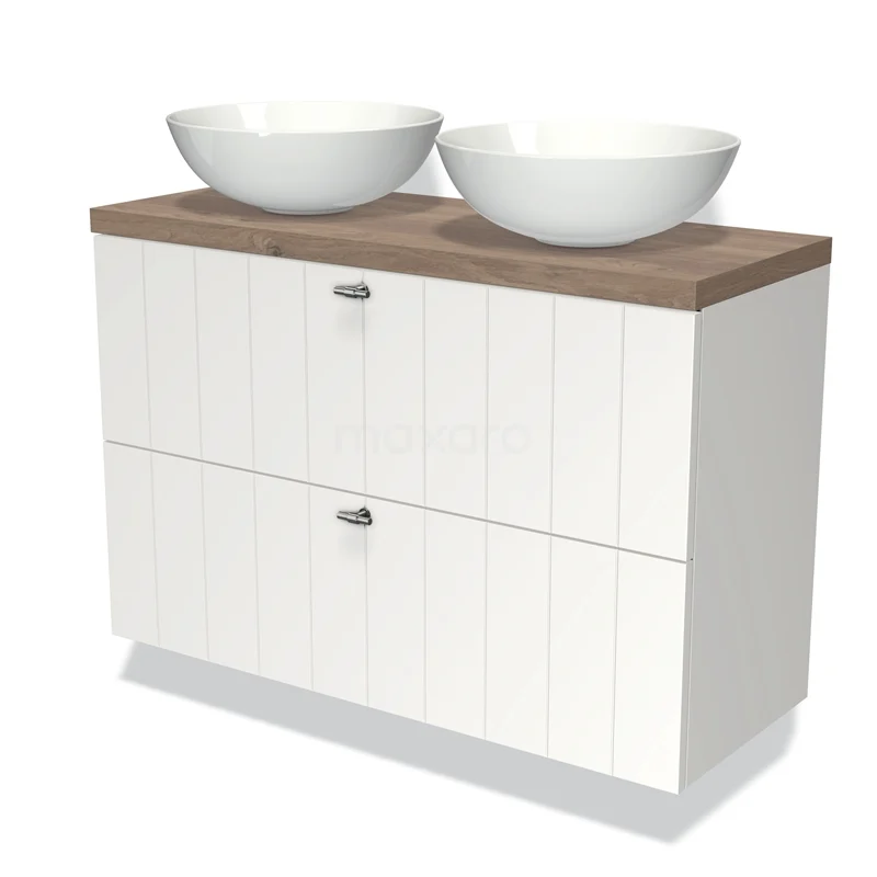 Wit badkamermeubel met houtlook blad, dubbele witte waskommen, modern design en verticale groeven voor een stijlvolle badkamer.