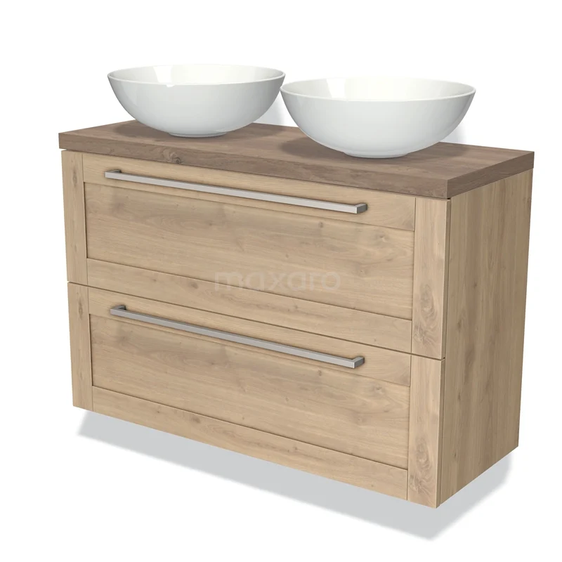 Badmöbel für Aufsatzwaschbecken 100cm Modulo Plato Slim Hellbraune Eiche 2 Schubladen Rahmen BMK37-01696 Holz-Badmöbel mit doppelten Aufsatzwaschbecken, hellen Eiche-Finish, zwei Schubladen mit Metallgriffen, ideal für moderne Bäder.