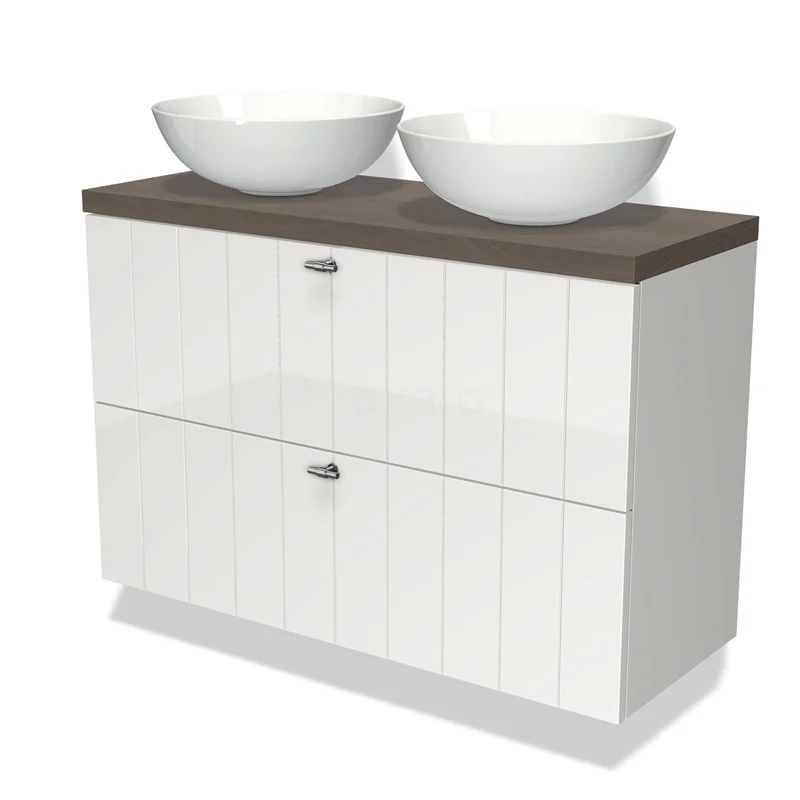 Waschtischunterschrank mit Konsole 100cm Modulo Plato Slim Hochglanz Weiß 2 Schubladen Laminat BMK37-01710 Weißes Badezimmermöbel mit Holzplatte und zwei runden Aufsatzwaschbecken, modernes Design, ideal für stilvolle Badezimmergestaltung.