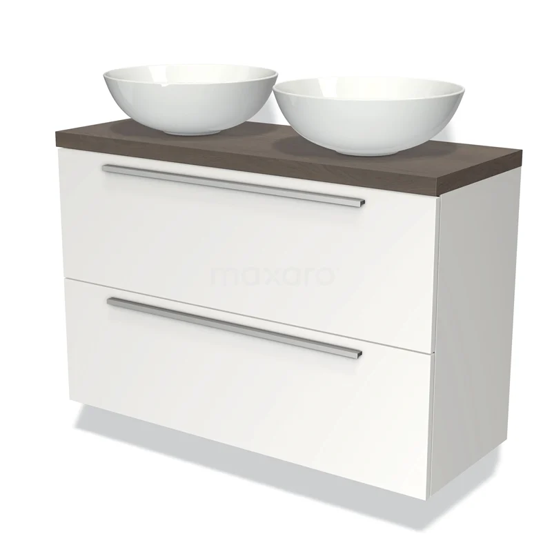 Wit badkamermeubel met twee keramische opzetwastafels en een houtkleurig blad, modern design met ruime lades.
