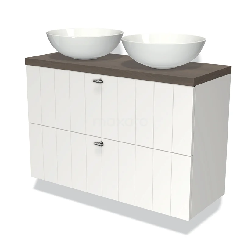 Wit badkamermeubel met houtlook blad, twee keramische waskommen en lades met verticale lijnen voor een moderne badkamerstijl.