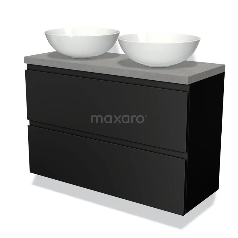 Zwarte badkamermeubelset met twee witte waskommen en grijze betonnen wastafel, modern design voor een stijlvolle badkamer.
