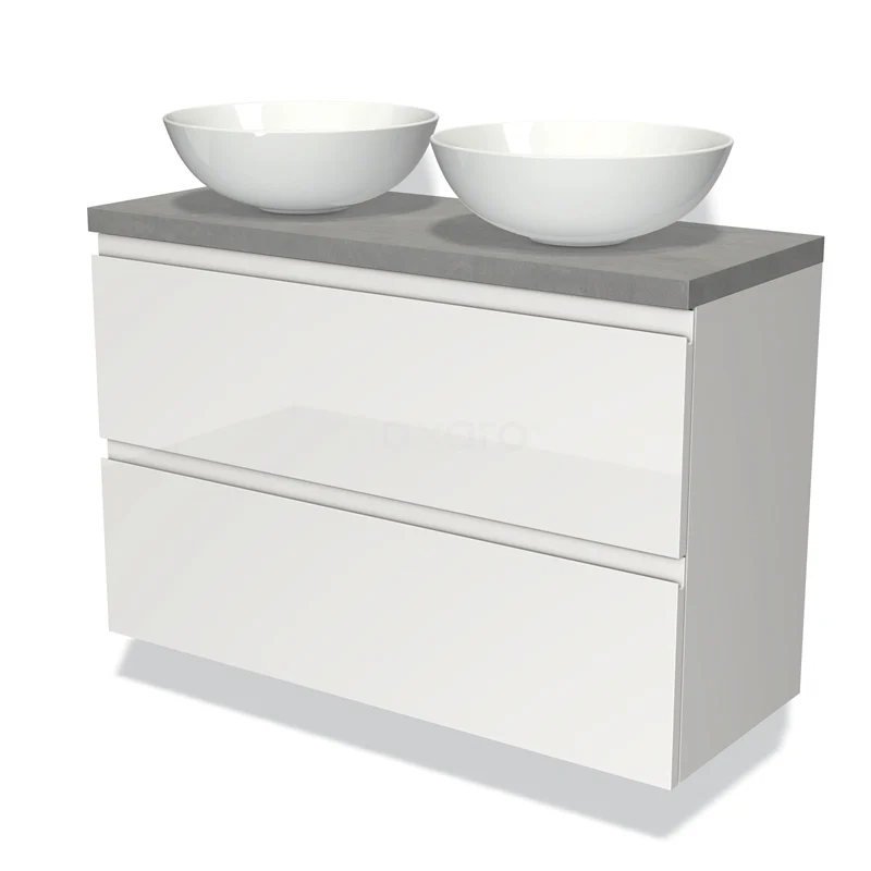 Modulo Plato Slim Vanity units for countertop basin | 100 cm High-gloss white Handle-less front Light grey concrete worktop 2 Stacked drawers BMK37-01771