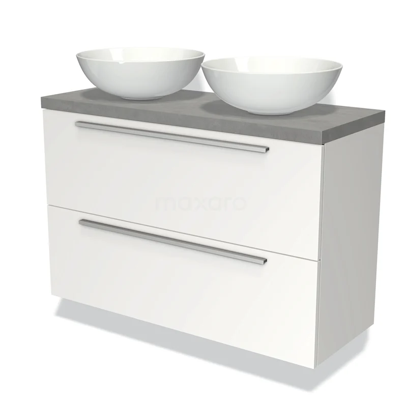 Modulo Plato Slim Vanity units for countertop basin | 100 cm Matte white Flat front Light grey concrete worktop 2 Stacked drawers BMK37-01772