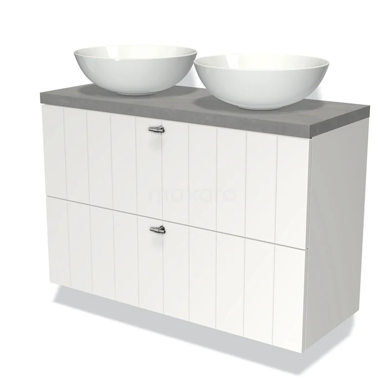 Modulo Plato Slim Vanity units for countertop basin | 100 cm Matte white Slat front Light grey concrete worktop 2 Stacked drawers BMK37-01773
