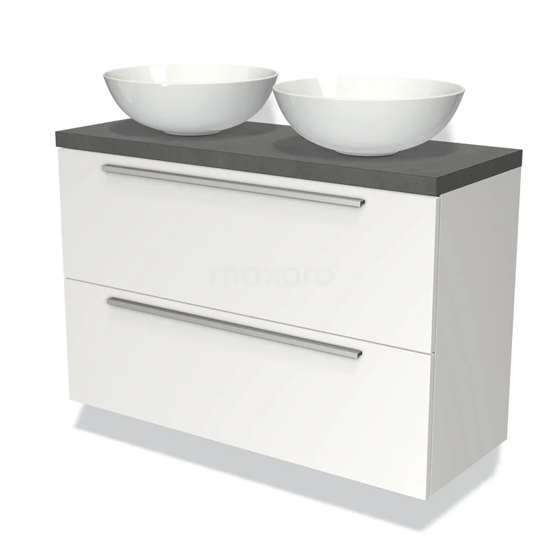 Badmöbel mit Konsole 100cm Modulo Plato Slim Matt Weiß 2 Schubladen Flach BMK37-01803 Weißes Badezimmermöbel mit zwei runden Waschbecken, schwarzer Platte und schlichten Haltegriffen, ideal für ein modernes Badezimmer.