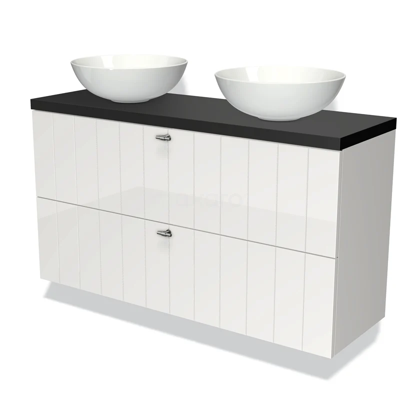 White bathroom unit with black countertop wash basin worktop and two porcelain basins, modern design with spacious drawers.