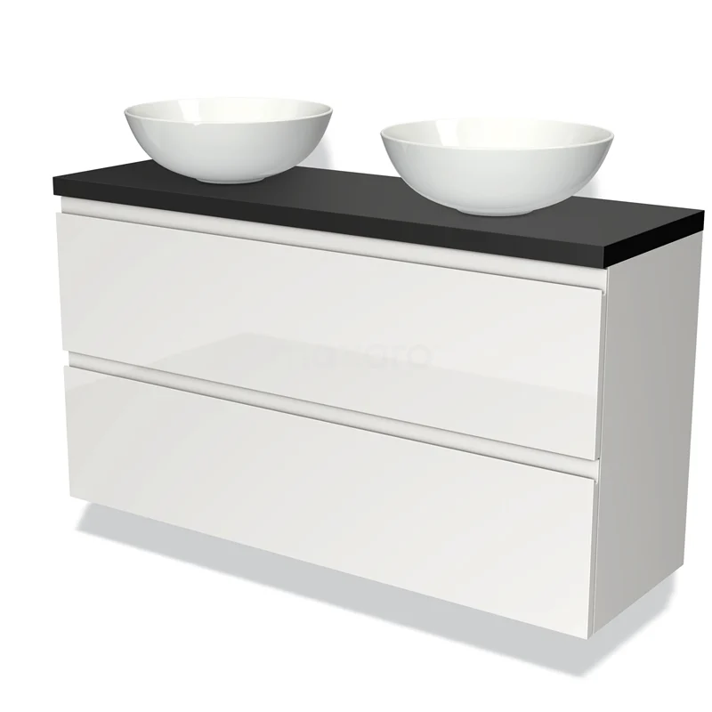 Modulo Plato Slim Vanity units for countertop basin | 120 cm High-gloss white Handle-less front Matte black worktop 2 Stacked drawers BMK37-01830