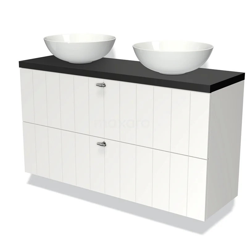 Modulo Plato Slim Vanity units for countertop basin | 120 cm Matte white Slat front Matte black worktop 2 Stacked drawers BMK37-01832