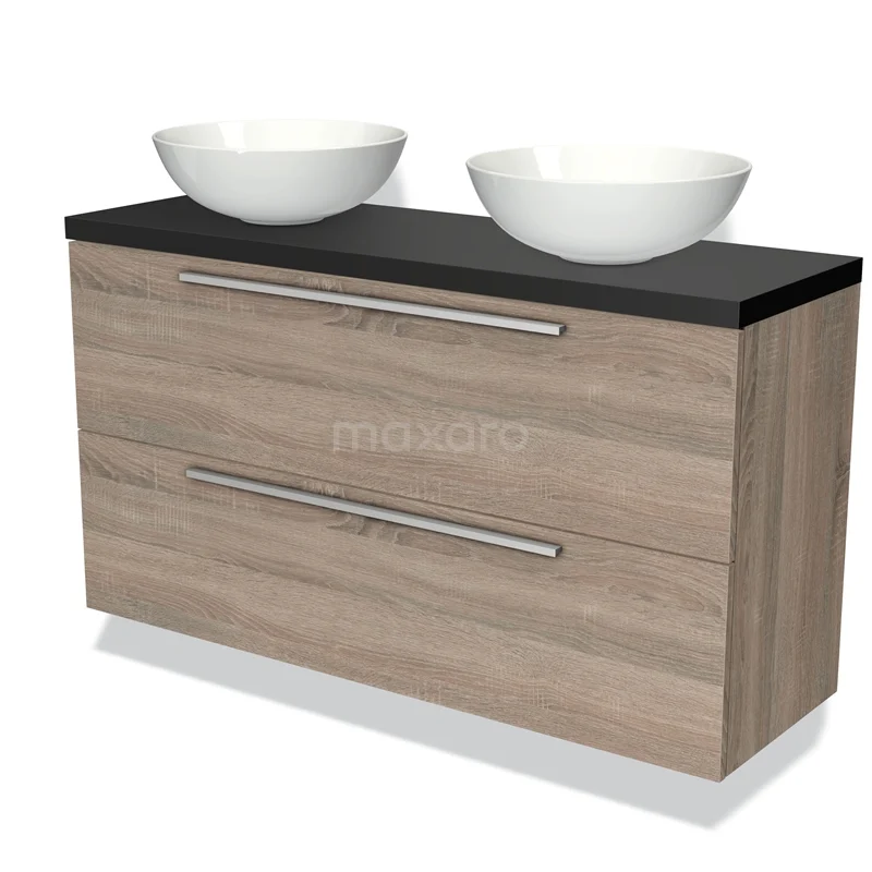 Modulo Plato Slim Vanity units for countertop basin | 120 cm Oak Flat front Matte black worktop 2 Stacked drawers BMK37-01840