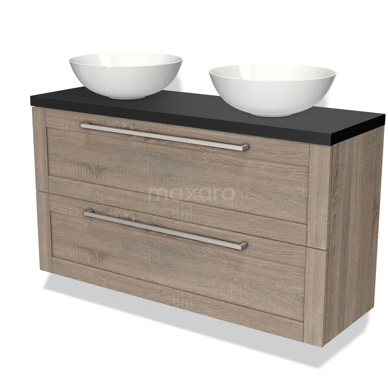 Modulo Plato Slim Vanity units for countertop basin | 120 cm Oak Frame front Matte black worktop 2 Stacked drawers BMK37-01841