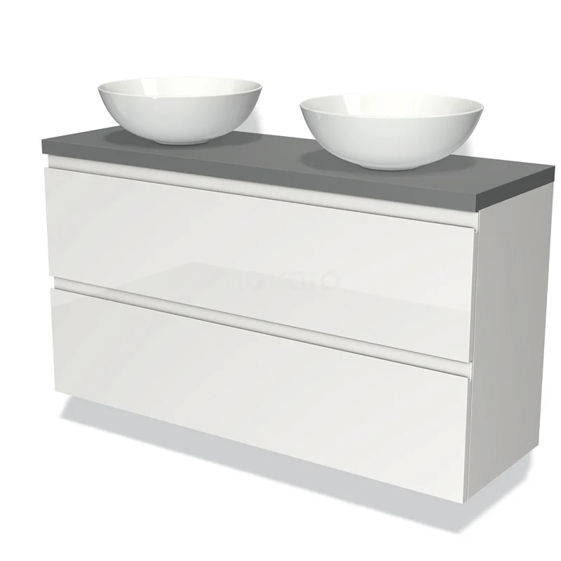 Modulo Plato Slim Vanity units for countertop basin | 120 cm High-gloss white Handle-less front Mid grey worktop 2 Stacked drawers BMK37-01859