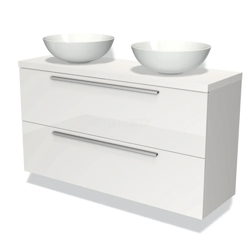 Waschtischunterschrank mit Konsole 120cm Modulo Plato Slim Hochglanz Weiß 2 Schubladen Flach BMK37-01918 Weiße Badmöbelset mit Doppelwaschbecken, Hochglanzoberfläche und modernen Haltegriffen, perfekt für stilvolle Bäder.