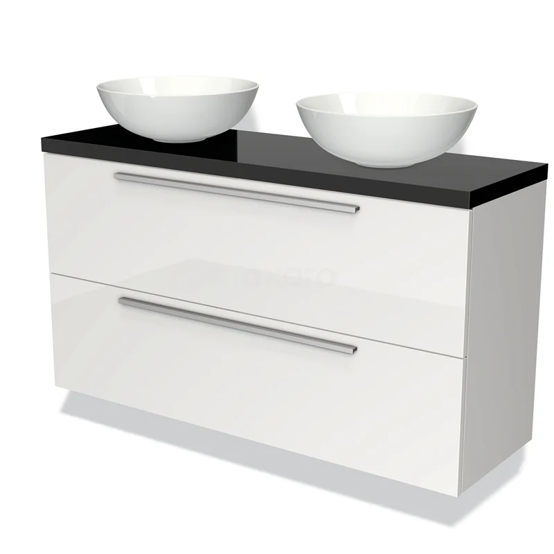 Waschtischunterschrank mit Konsole 120cm Modulo Plato Slim Hochglanz Weiß 2 Schubladen Flach BMK37-01976 Weißes Badmöbel mit schwarzer Glasplatte und zwei runden Waschbecken, modernes Design, ideal für moderne Bäder.