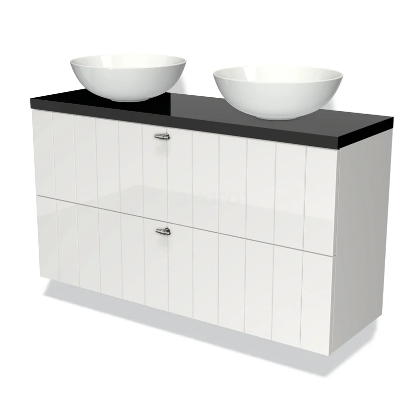 Waschtischunterschrank mit Konsole 120cm Modulo Plato Slim Hochglanz Weiß 2 Schubladen Laminat BMK37-01977 Weißer Badschrank mit glänzender Oberfläche, schwarzer Platte und doppelten runden Aufsatzwaschbecken, ideal für moderne Badezimmergestaltung.