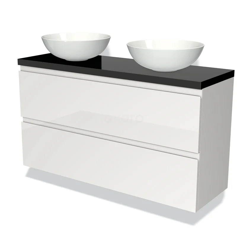 Waschtischunterschrank mit Konsole 120cm Modulo Plato Slim Hochglanz Weiß 2 Schubladen Grifflos BMK37-01978 Weißes Badmöbel mit schwarzer Waschtischplatte und zwei Aufsatzbecken, modernes Design, ideal für stilvolle Badezimmergestaltung.