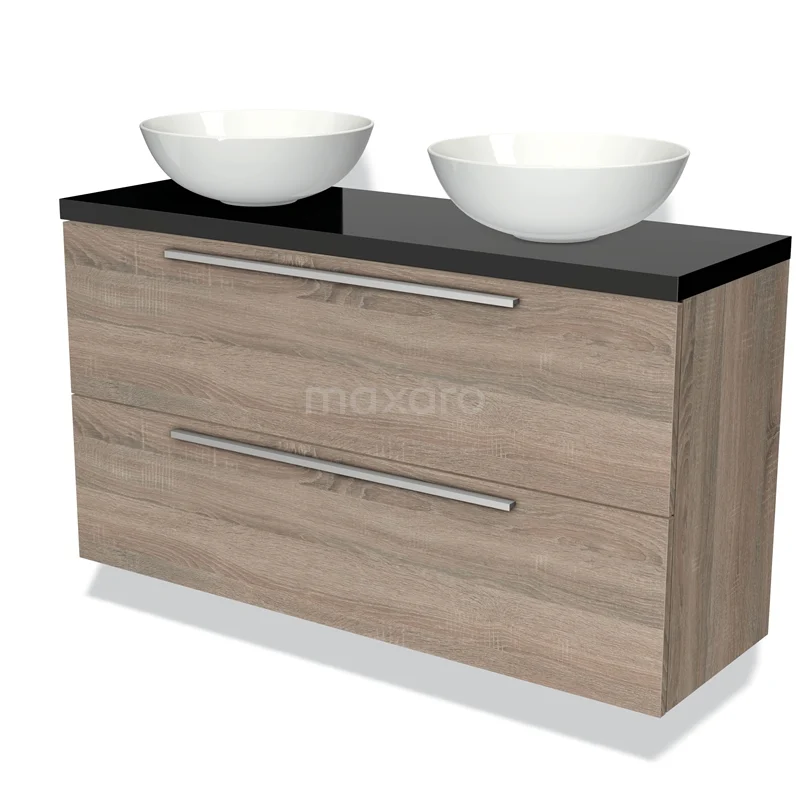 Modulo Plato Slim Vanity units for countertop basin | 120 cm Oak Flat front High-gloss black worktop 2 Stacked drawers BMK37-01985