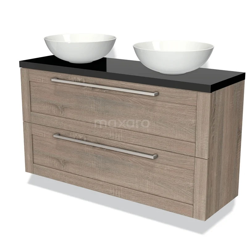 Modulo Plato Slim Vanity units for countertop basin | 120 cm Oak Frame front High-gloss black worktop 2 Stacked drawers BMK37-01986