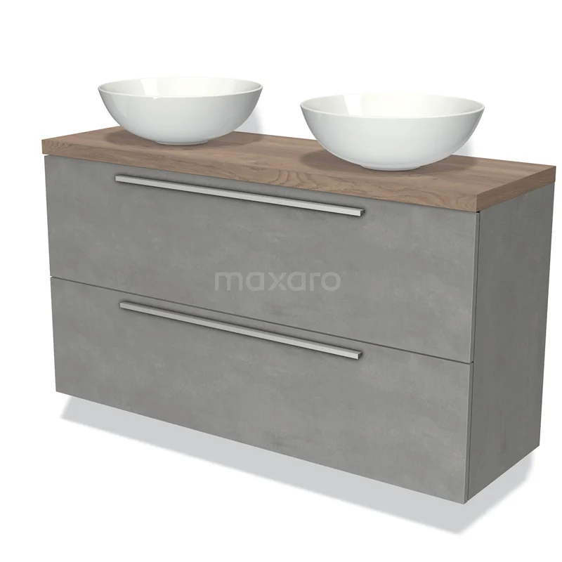 Waschtischunterschrank mit Konsole 120cm Modulo Plato Slim hellgrauer Beton 2 Schubladen Flach BMK37-02117 Graue Badmöbelset mit 2 weißen Aufsatzwaschbecken, Betoneffekt-Finish und Holzplatte, modernes Design.