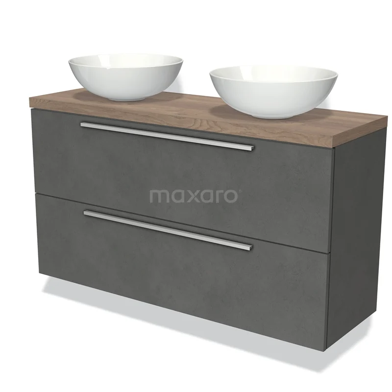 Waschtischunterschrank mit Konsole 120cm Modulo Plato Slim Dunkelgrau Beton 2 Schubladen Flach BMK37-02118 Antrazitgraue Badmöbelset mit zwei keramischen Aufsatzwaschbecken und Holzplatte, elegantes Design mit metallischen Haltegriffen.