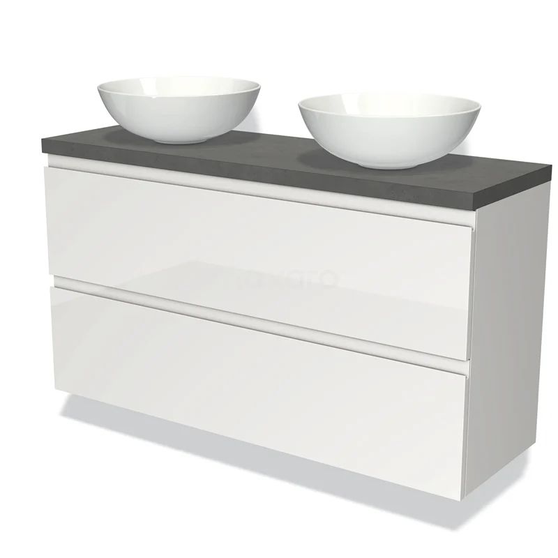 Modulo Plato Slim Vanity units for countertop basin | 120 cm High-gloss white Handle-less front Dark grey concrete worktop 2 Stacked drawers BMK37-02218