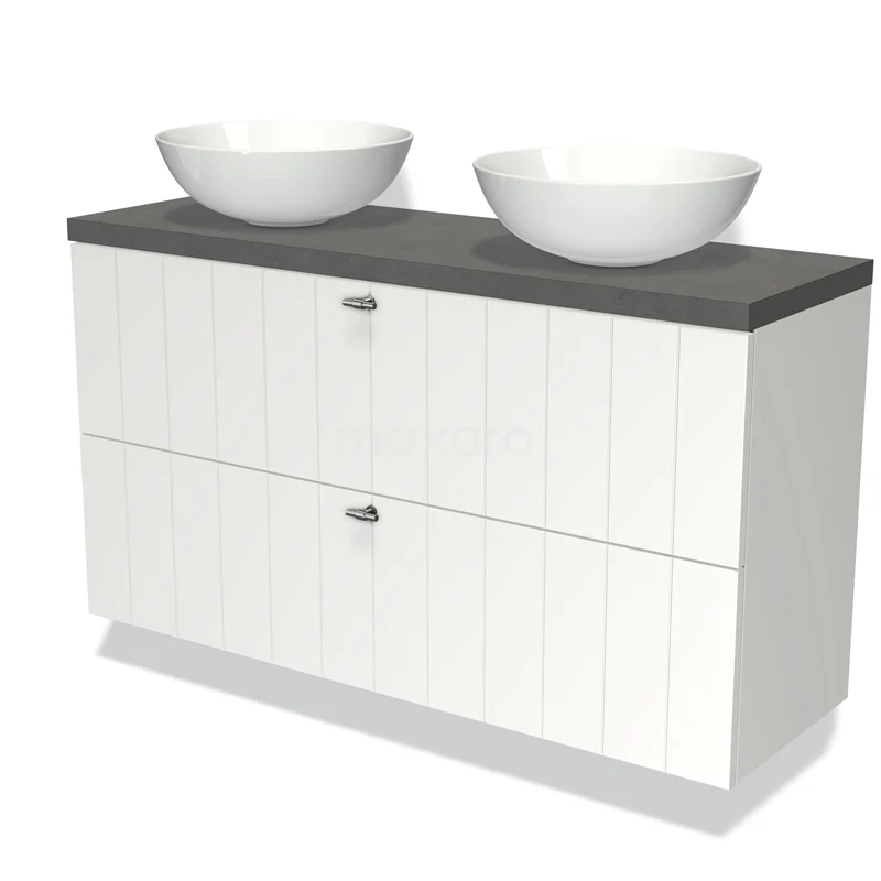 Modulo Plato Slim Vanity units for countertop basin | 120 cm Matte white Slat front Dark grey concrete worktop 2 Stacked drawers BMK37-02220