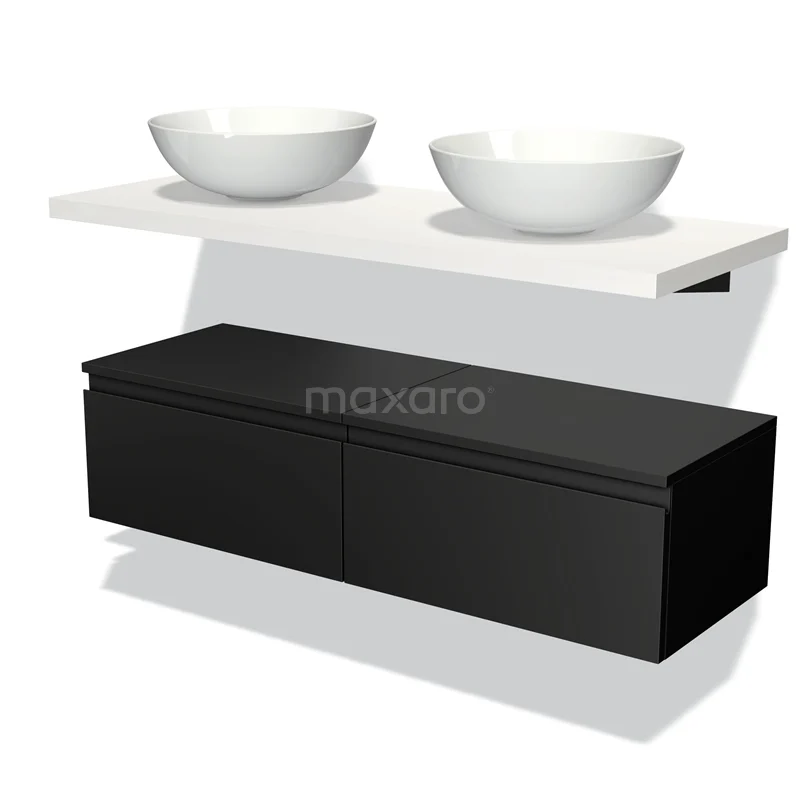 Badmöbel für Aufsatzwaschbecken 160 cm Modulo Plato Matt Schwarz 2 Schubladen Grifflos Matt Weiß Platte BMK32-00264 Schwarz-weiß Badmöbel mit modernem Hängeschrank und doppeltem Aufsatzwaschbecken, minimalistisches Design, perfekt für jedes Badezimmer.