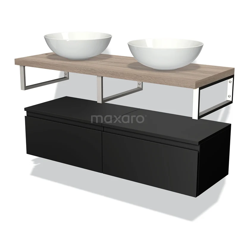 Zwart badkamermeubel met houten blad, dubbele wastafel en moderne metalen frames, ideaal voor een stijlvolle badkamer.