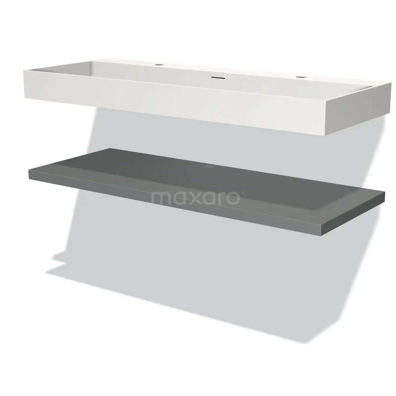 Badmöbel 120 cm Modulo Mittelgrau 1 Waschbecken-Aufsatz Solid Surface Waschbecken BMW10-00086 Moderne weiße Waschbecken mit grauem Regal, minimalistisches Design, perfekt für stilvolle Badezimmergestaltung.