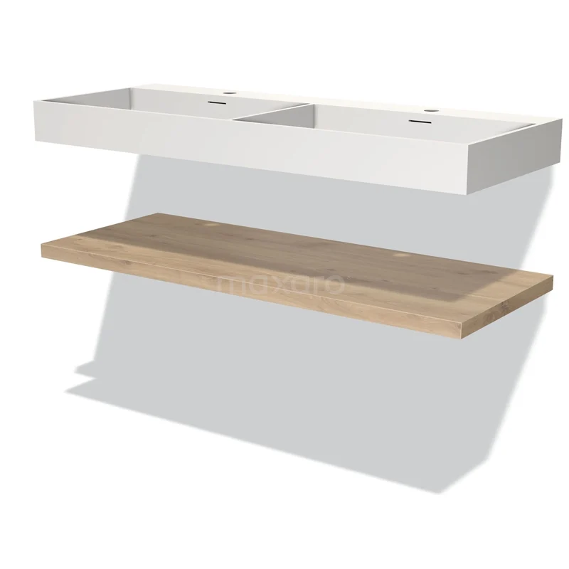 Badmöbel 120 cm Modulo Hellbraune Eiche 1 Waschbecken Aufsatz Waschbecken Solid Surface BMW10-00107 Doppelwaschbecken mit weißen Keramikkommen und einem Eichenholzregal, perfekt für eine moderne Badezimmer Einrichtung.