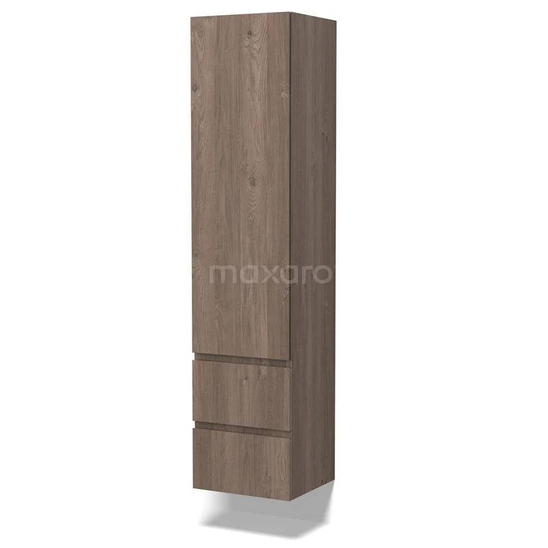 Hoge badkamerkast houtlook bruin met twee lades en een deur, ideaal voor stijlvolle en praktische badkameropslag.