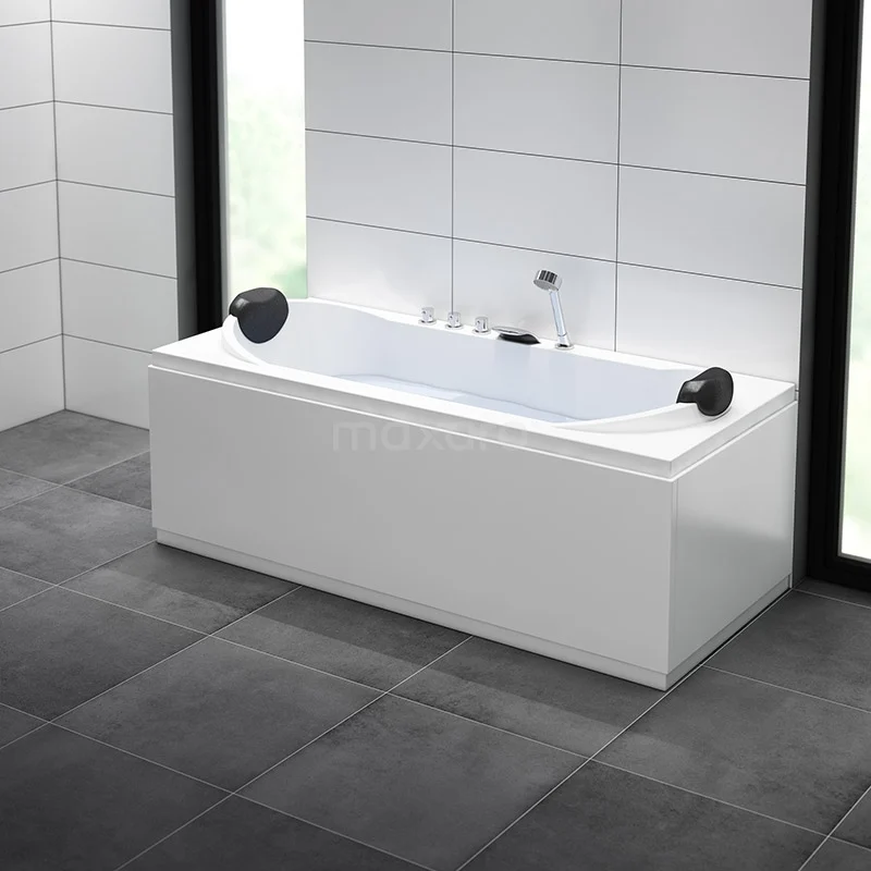 Nordic komplettes Bad | 200x90cm 2 Personen Thermostatarmatur (Set) W019-202AM Weiße rechteckige Badewanne mit schwarzem Kopfkissen, straffes Design und komfortabel für moderne Bäder.