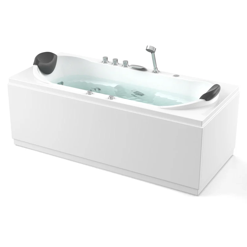 Whirlpool Bad Nordic Brass 2-Personen-Whirlpool 190x90cm Wassermassage W019-192BM Weißes rechteckiges Bad mit bequemen schwarzen Kopfstützen und integriertem Hydromassagesystem, perfekt für jedes luxuriöse Badezimmer.