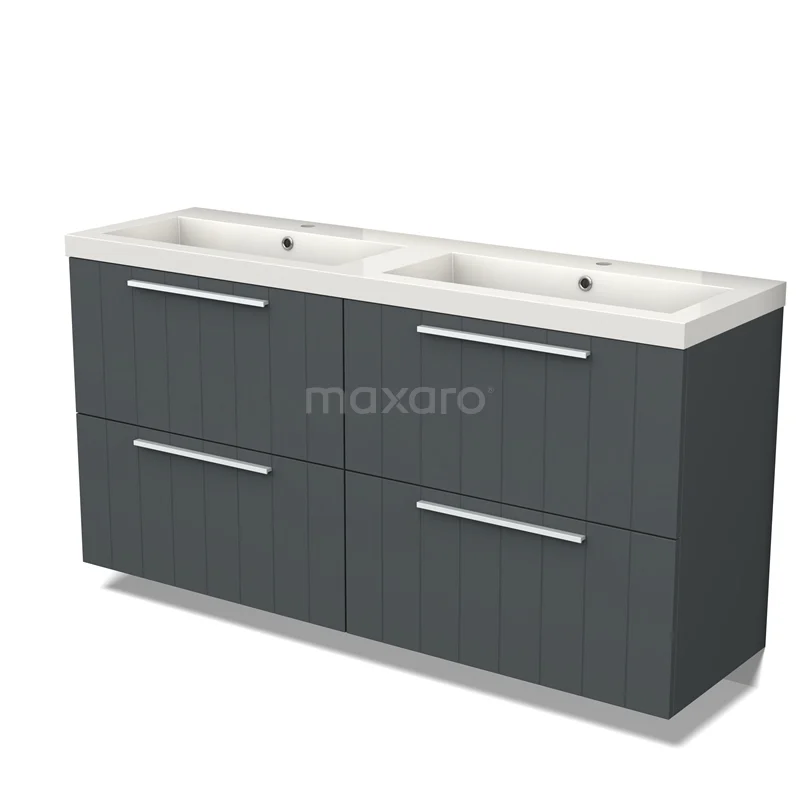 Donkergrijze badkamermeubelset met dubbele wastafel, modern design en vier lades voor ruime opbergruimte.