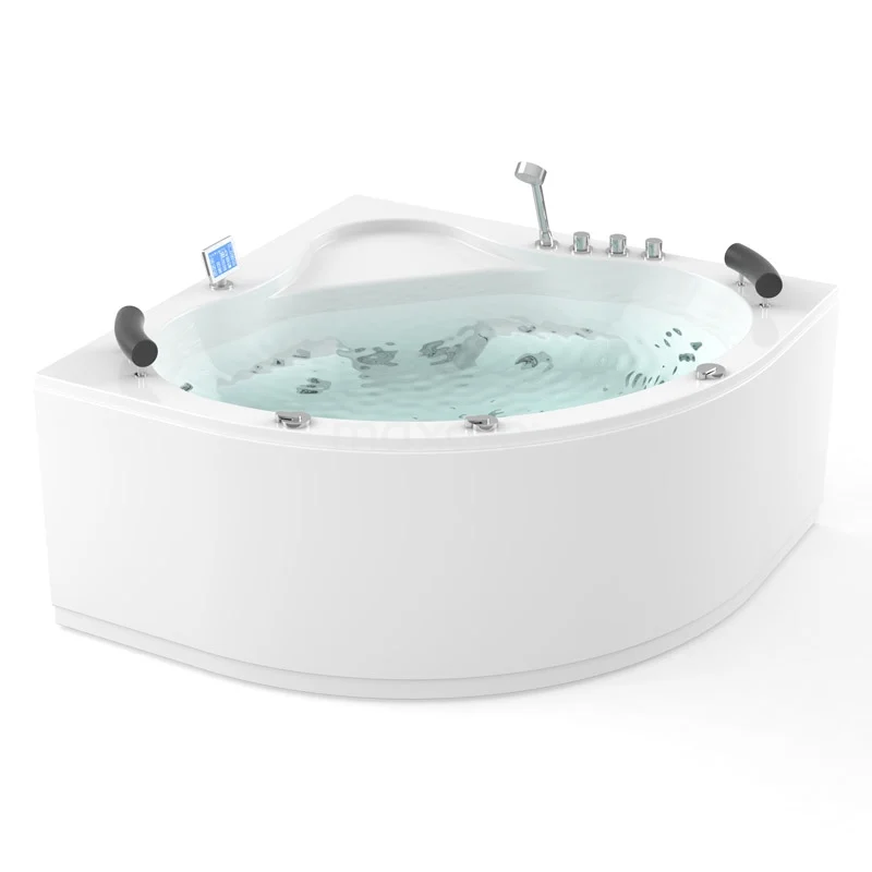 Whirlpool Bad Atlantic Platinum 2-Personen 150x150cm Wasser- und Luftmassage mit Turbo W02014EM Eckbadewanne mit Massagedüsen, weißes Acryl, modernes Design und integrierte Armlehnen für ultimativen Komfort im Badezimmer.