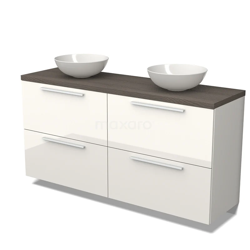 Modulo Plato Vanity units for countertop basin | 160 cm High-gloss white Flat front Dark brown oak worktop 4 high drawers BMK14-00497