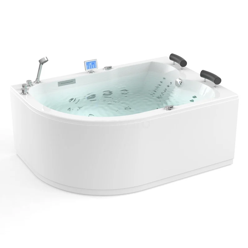 Whirlpool Bad Atlantic Gold 2-Personen Rechts 170x120cm Wasser- und Luftmassage W04014DR Eckförmiges weißes Whirlwanne mit Hydromassagestrahlen, LED-Display und schwarzen Kopfstützen, perfekt für luxuriöse Entspannung im Badezimmer.