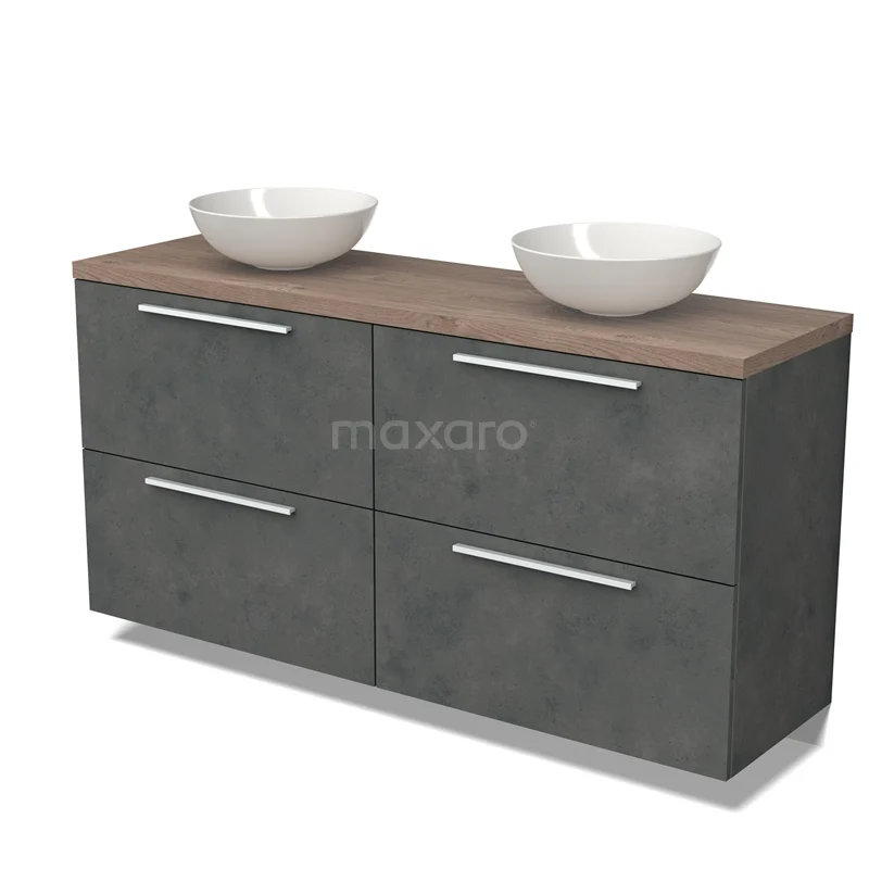 Badmöbel für Waschtischunterschrank mit Konsole 160cm Modulo Platte Dunkelgrau Beton 4 hohe Schubladen Flach Mittelbraune Eiche Blatt BMK14-00671 Graue Badmöbelset mit Betoneffekt, Holzplatte und zwei weißen Aufsatzwaschbecken, modernes Design.