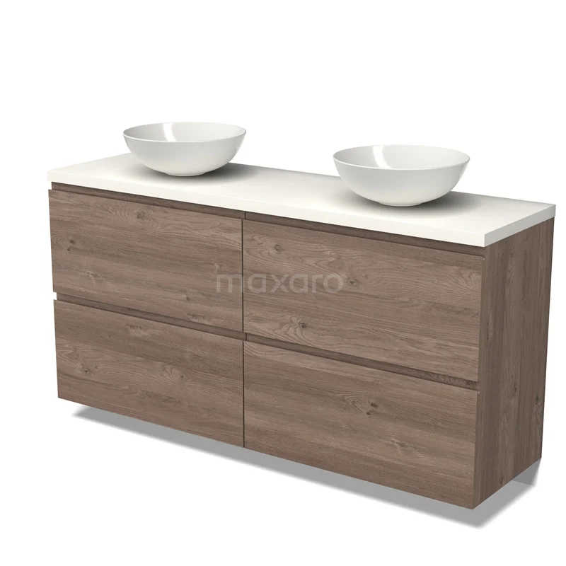 Badmöbel für Aufsatzwaschbecken 160cm Modulo Plato mittelbraune Eiche 4 hohe Schubladen grifflos Matt Weiß Platte BMK14-00724 Holz Badezimmermöbel mit doppelten Aufsatzwaschbecken, modernem Designlook, rustikaler Verarbeitung und vier geräumigen Schubladen.